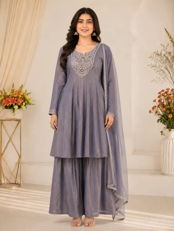 Grey Fandy Silk Sarara Set with Embroidery and Dupatta