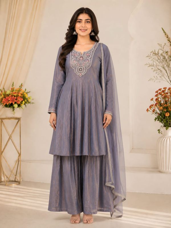 Grey Fandy Silk Sarara Set with Embroidery and Dupatta
