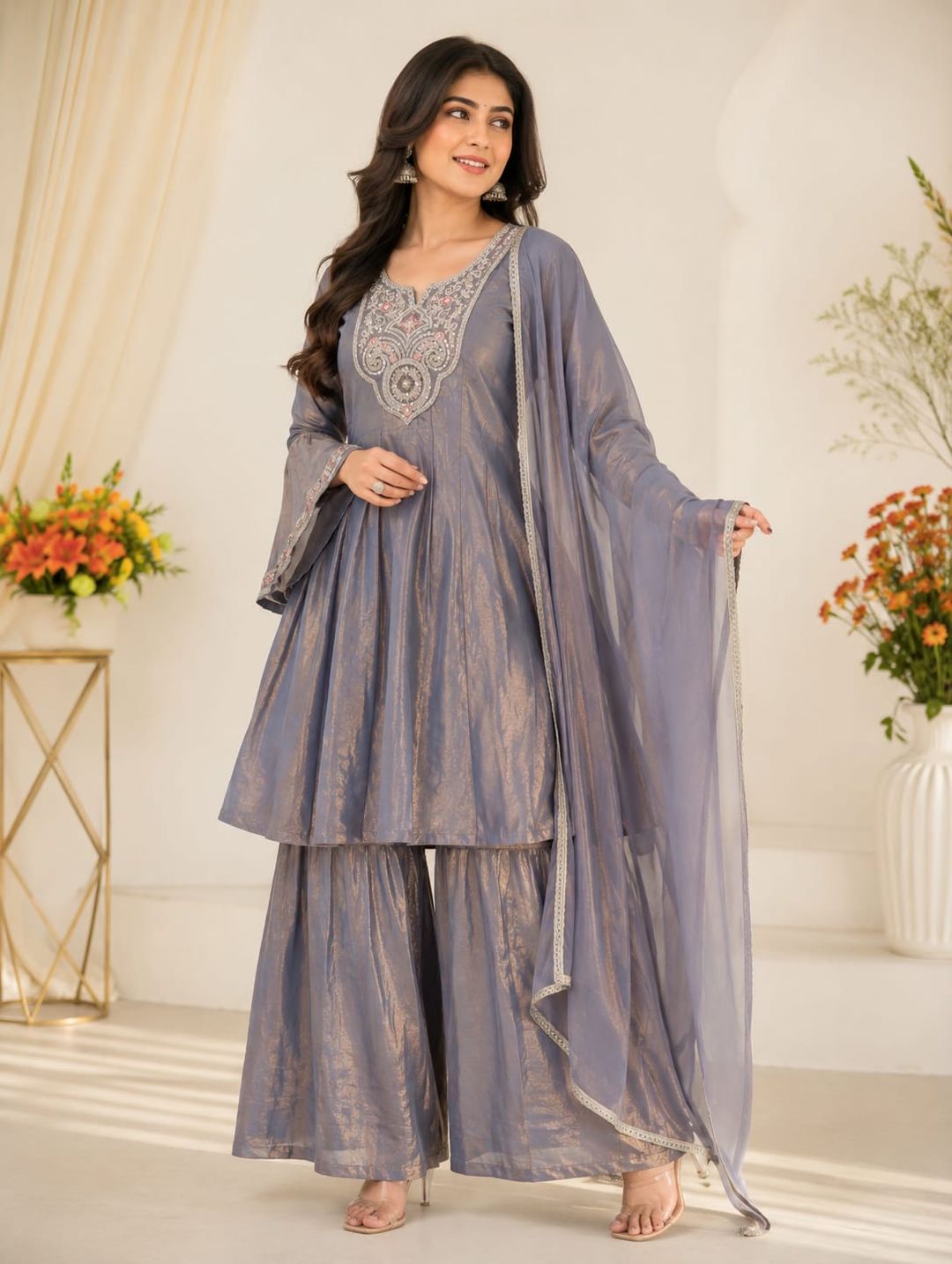 Grey Fandy Silk Sarara Set with Embroidery and Dupatta