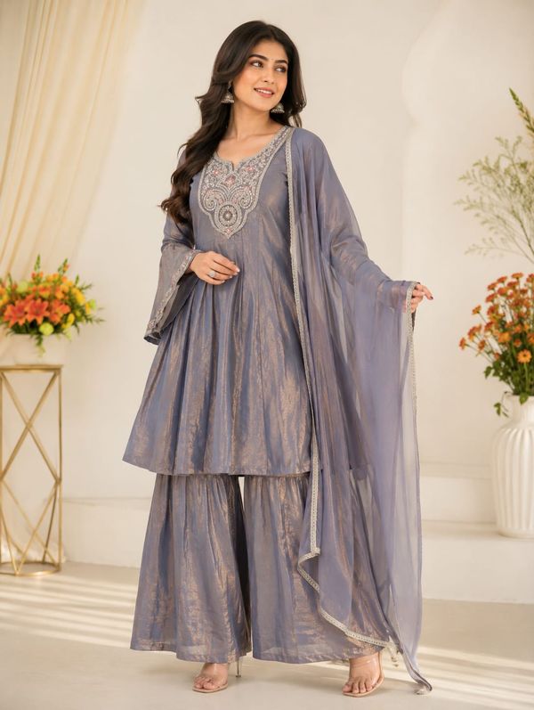 Grey Fandy Silk Sarara Set with Embroidery and Dupatta