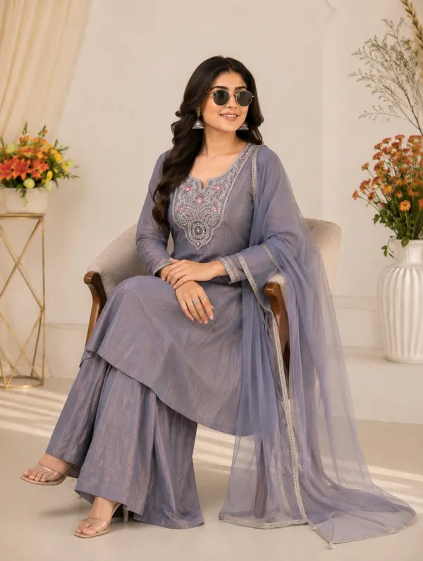 Grey Fandy Silk Sarara Set with Embroidery and Dupatta