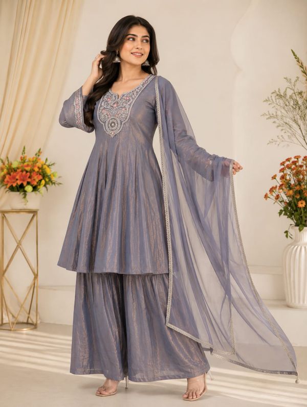 Grey Fandy Silk Sarara Set with Embroidery and Dupatta