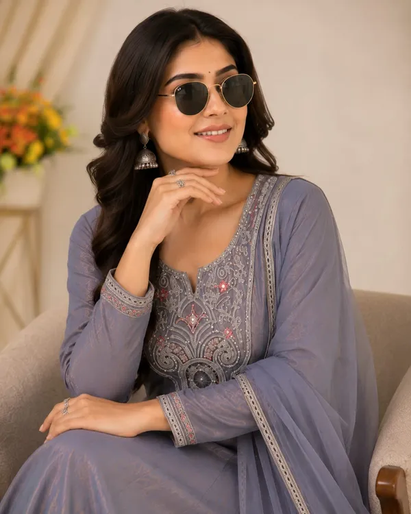 Grey Fandy Silk Sarara Set with Embroidery and Dupatta