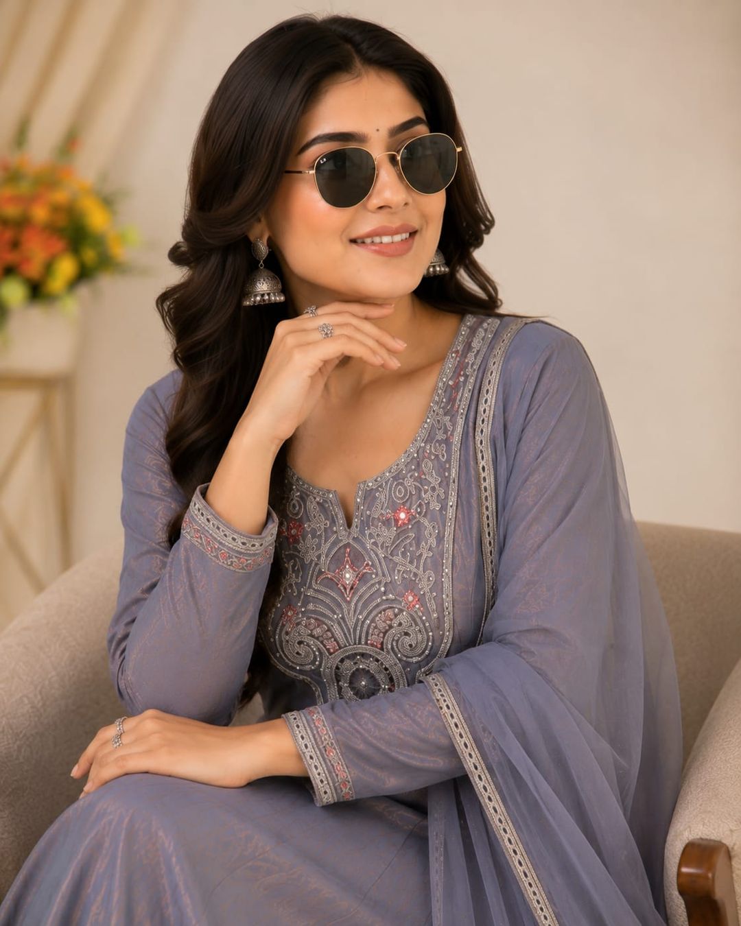 Grey Fandy Silk Sarara Set with Embroidery and Dupatta