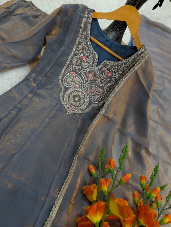 Grey Fandy Silk Sarara Set with Embroidery and Dupatta