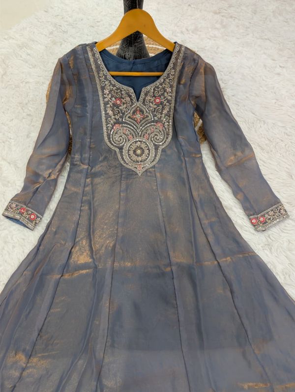 Grey Fandy Silk Sarara Set with Embroidery and Dupatta