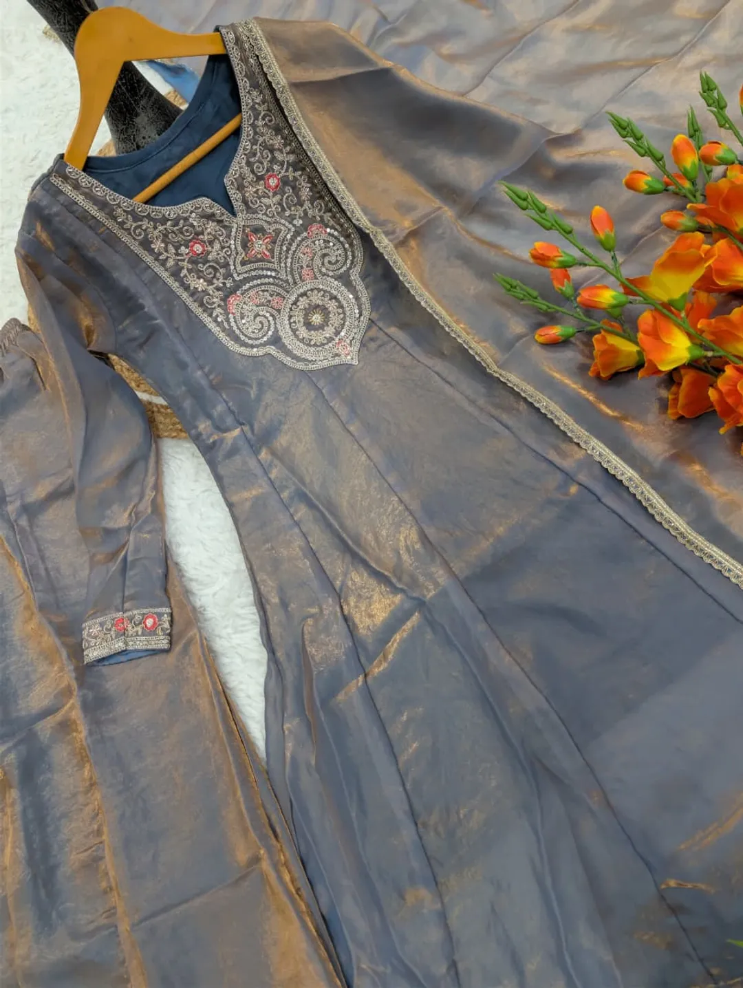 Grey Fandy Silk Sarara Set with Embroidery and Dupatta