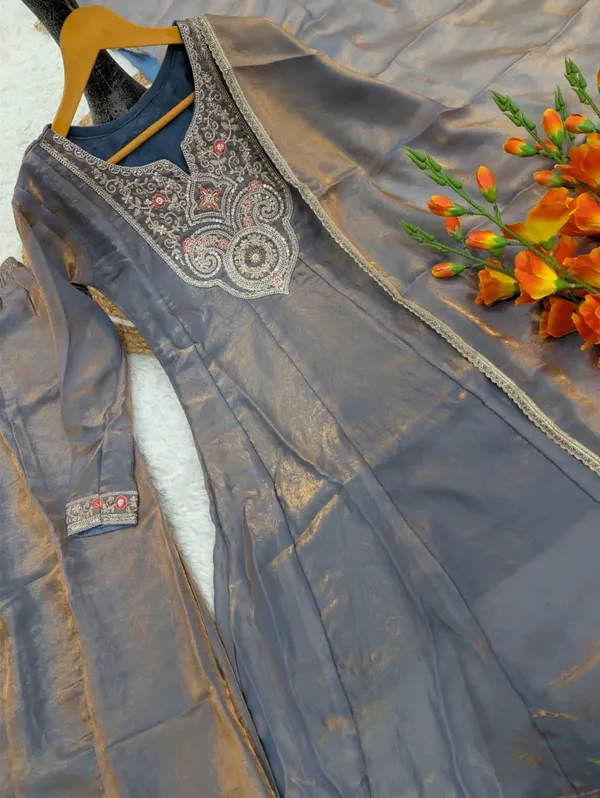 Grey Fandy Silk Sarara Set with Embroidery and Dupatta