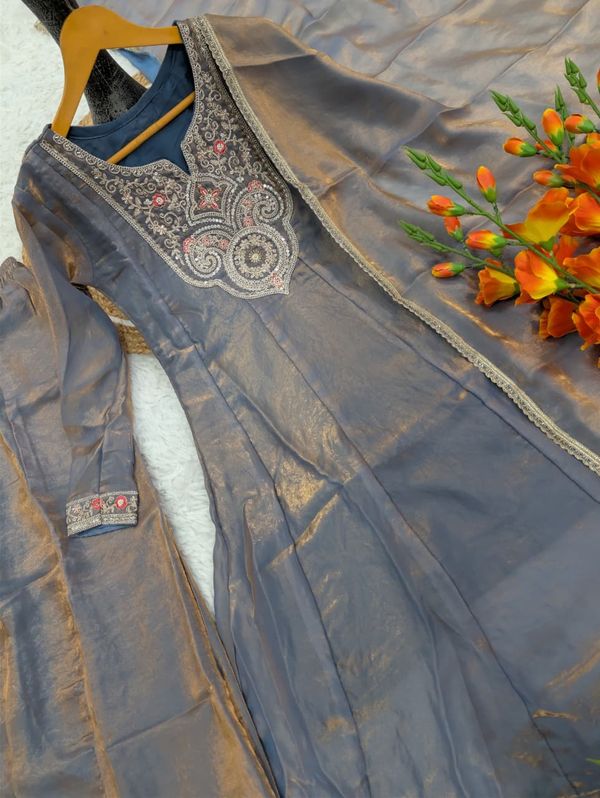 Grey Fandy Silk Sarara Set with Embroidery and Dupatta