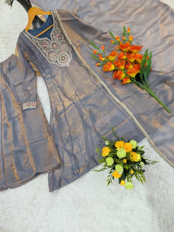 Grey Fandy Silk Sarara Set with Embroidery and Dupatta