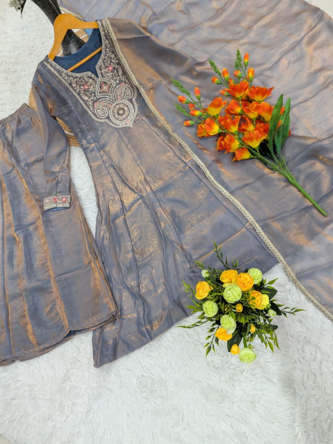 Grey Fandy Silk Sarara Set with Embroidery and Dupatta