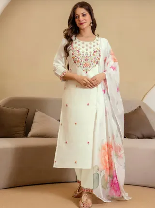 White Chanderi Kurta Set with Floral Embroidery and Dupatta