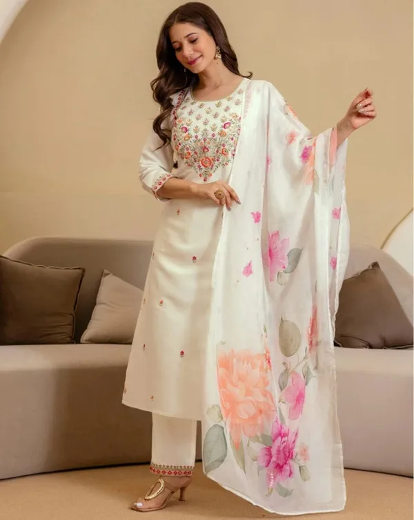 White Chanderi Kurta Set with Floral Embroidery and Dupatta