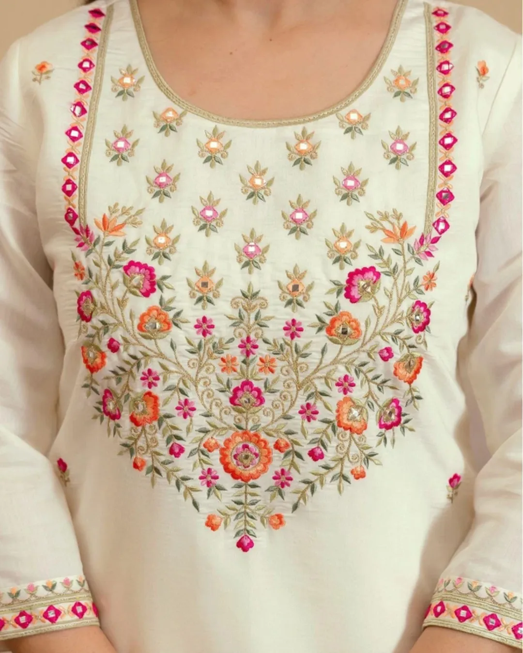White Chanderi Kurta Set with Floral Embroidery and Dupatta