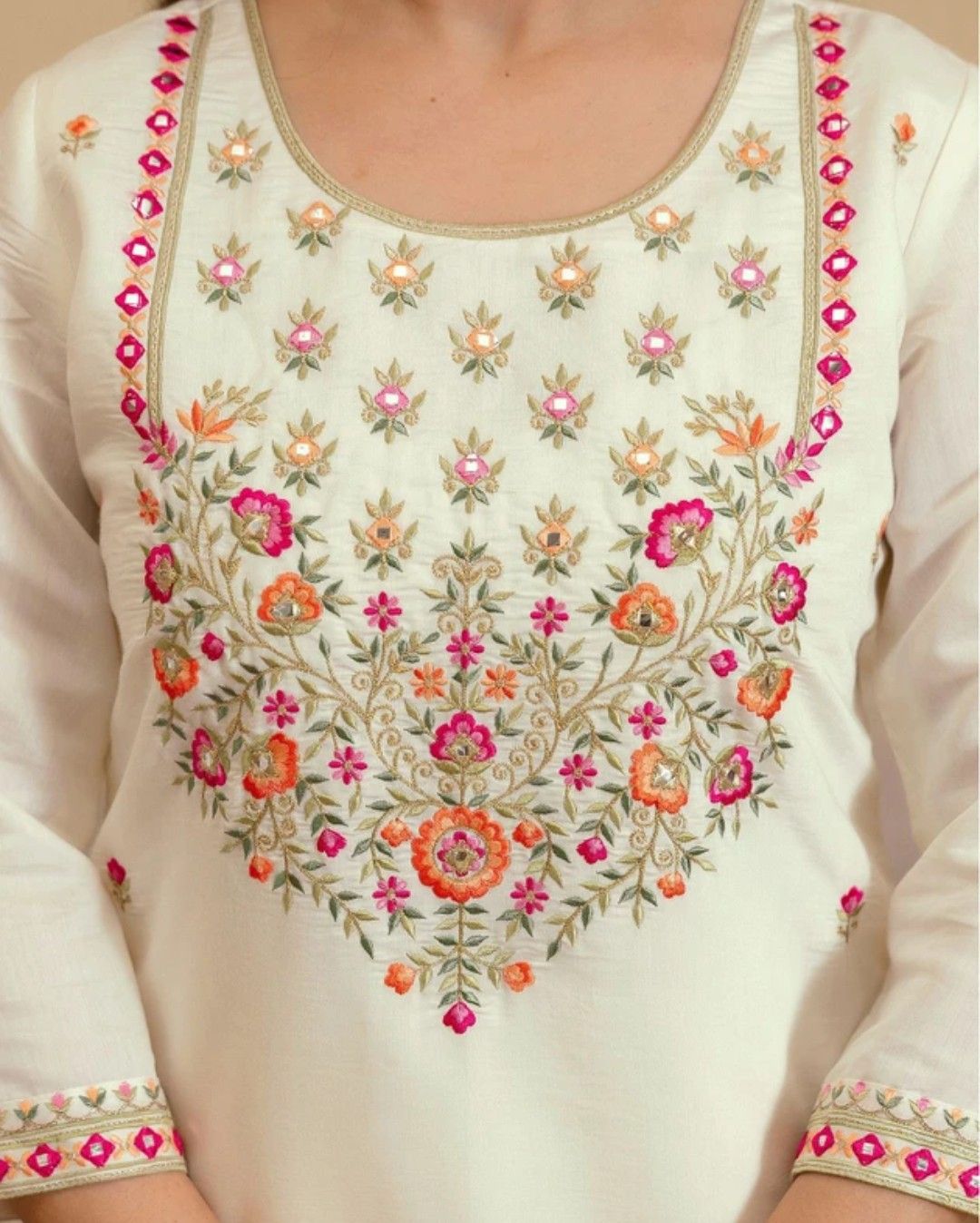White Chanderi Kurta Set with Floral Embroidery and Dupatta