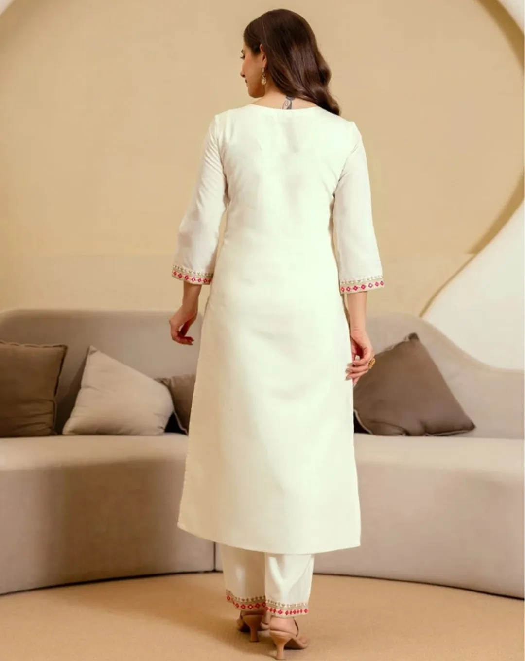White Chanderi Kurta Set with Floral Embroidery and Dupatta