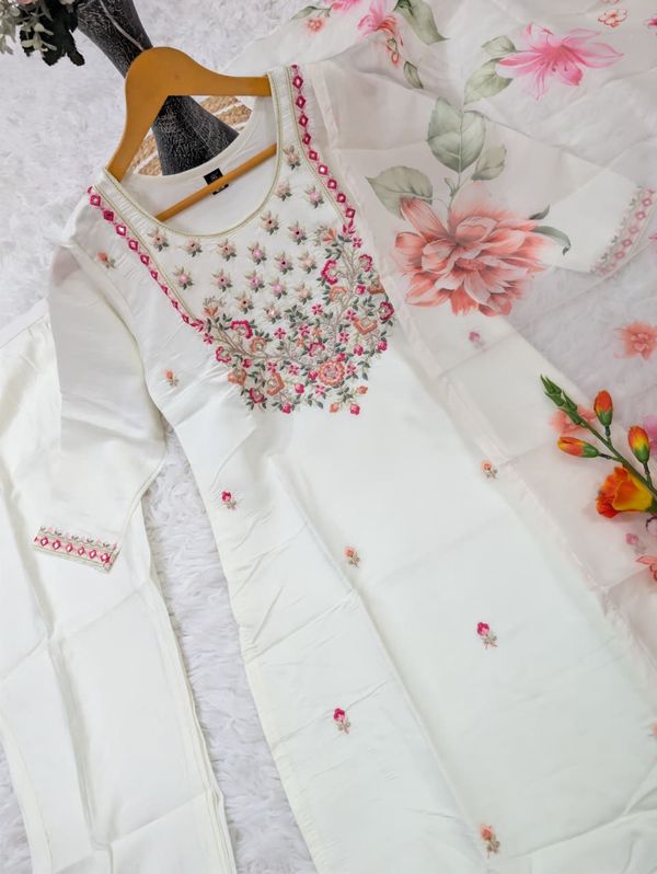 White Chanderi Kurta Set with Floral Embroidery and Dupatta
