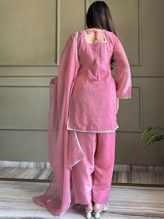Pink Crunchy Silk Kurta Pant Set with Diamond Work, Dupatta