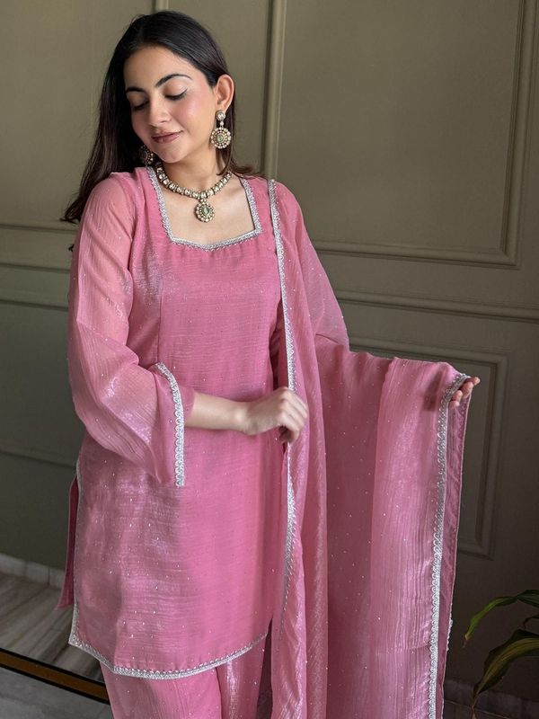 Pink Crunchy Silk Kurta Pant Set with Diamond Work, Dupatta