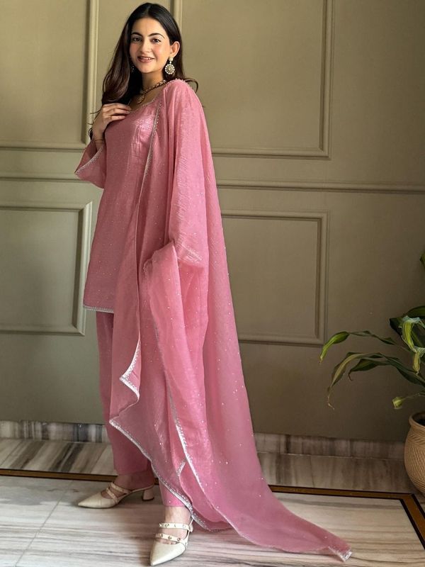 Pink Crunchy Silk Kurta Pant Set with Diamond Work, Dupatta