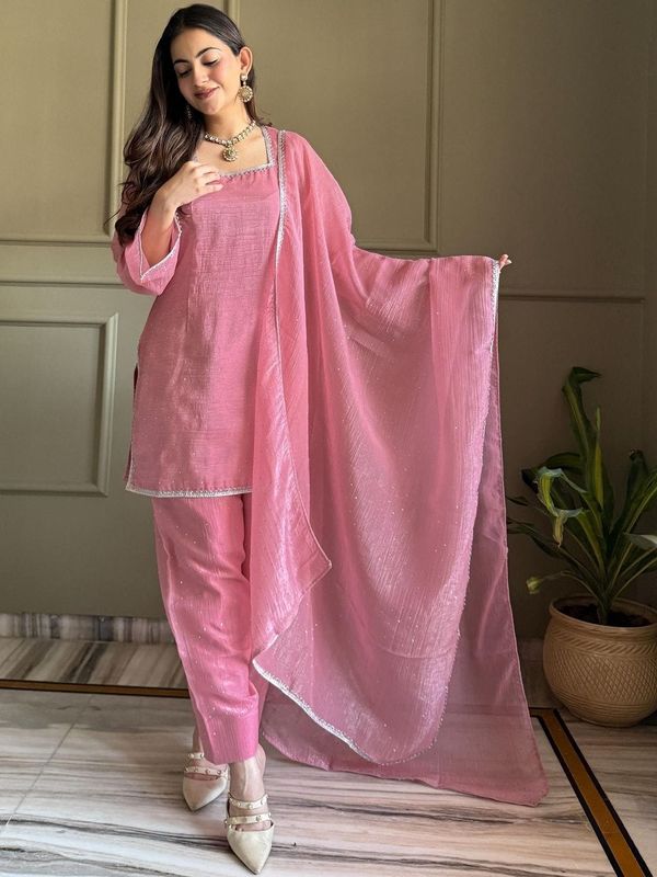 Pink Crunchy Silk Kurta Pant Set with Diamond Work, Dupatta