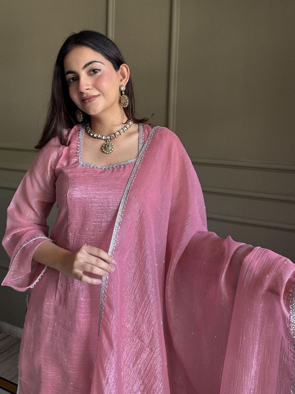 Pink Crunchy Silk Kurta Pant Set with Diamond Work, Dupatta