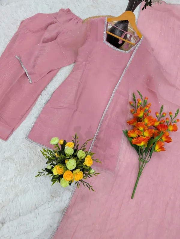 Pink Crunchy Silk Kurta Pant Set with Diamond Work, Dupatta
