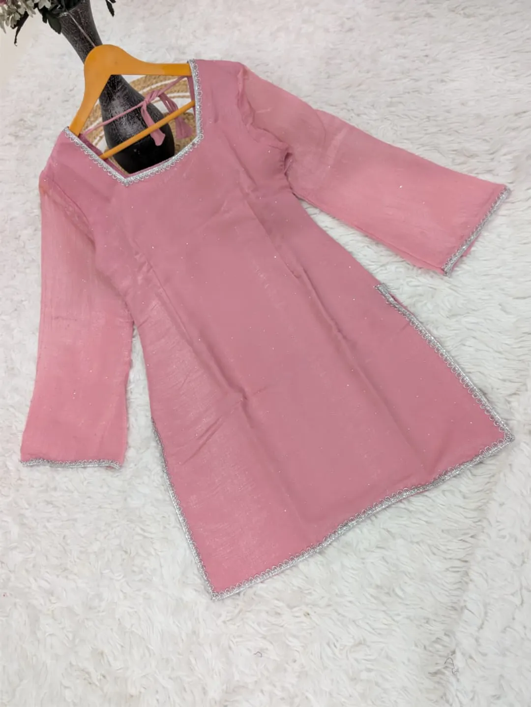 Pink Crunchy Silk Kurta Pant Set with Diamond Work, Dupatta