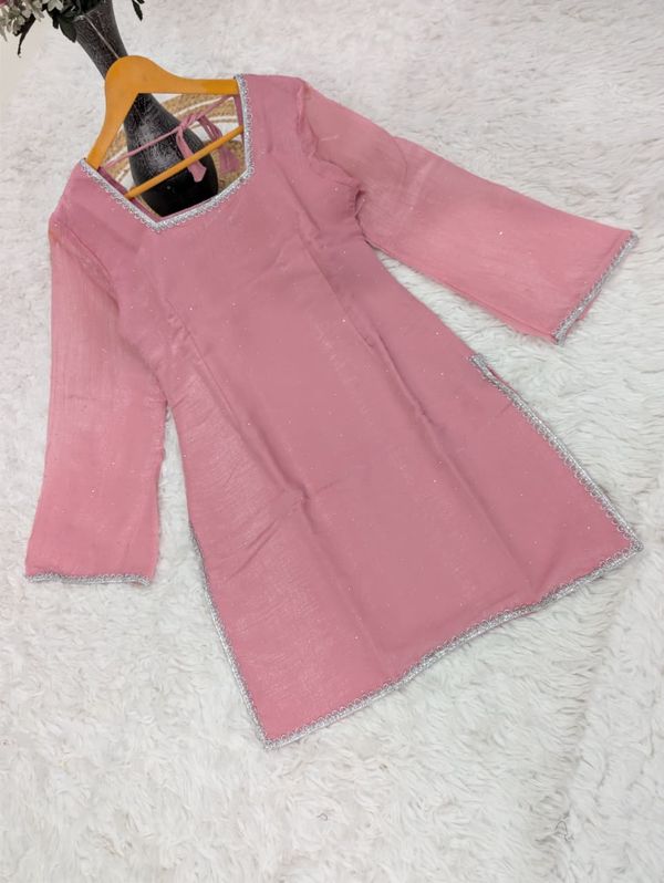 Pink Crunchy Silk Kurta Pant Set with Diamond Work, Dupatta