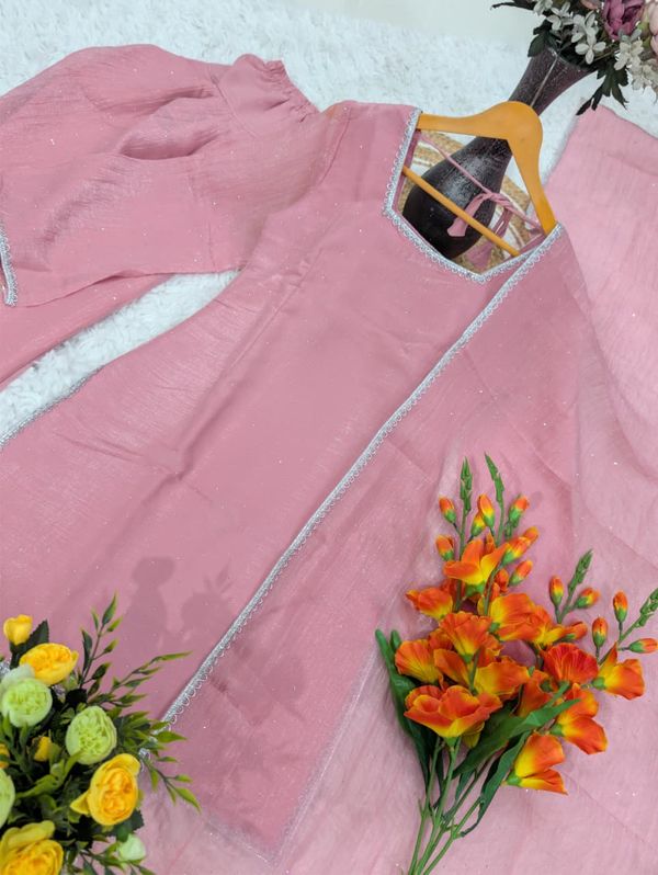 Pink Crunchy Silk Kurta Pant Set with Diamond Work, Dupatta