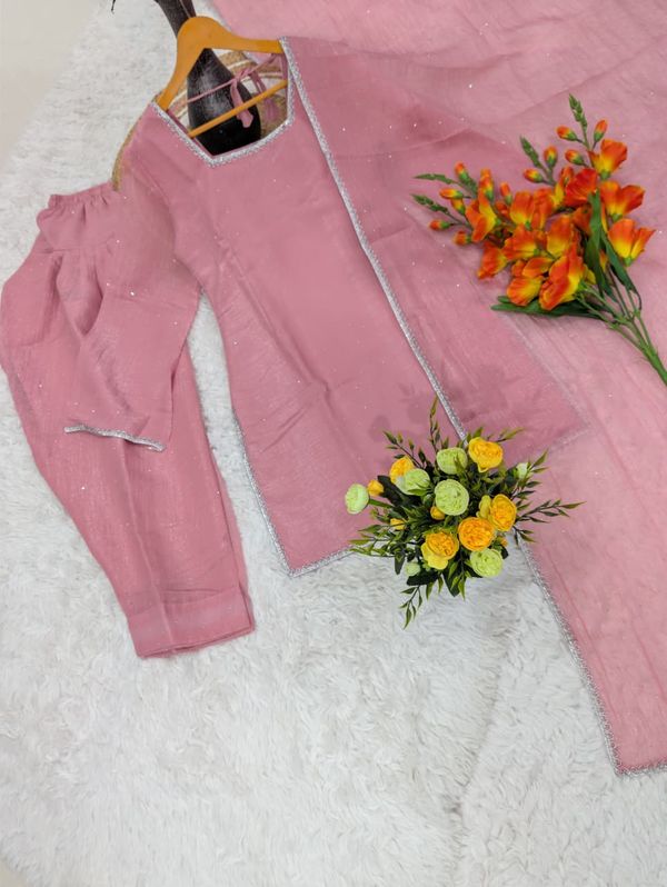 Pink Crunchy Silk Kurta Pant Set with Diamond Work, Dupatta