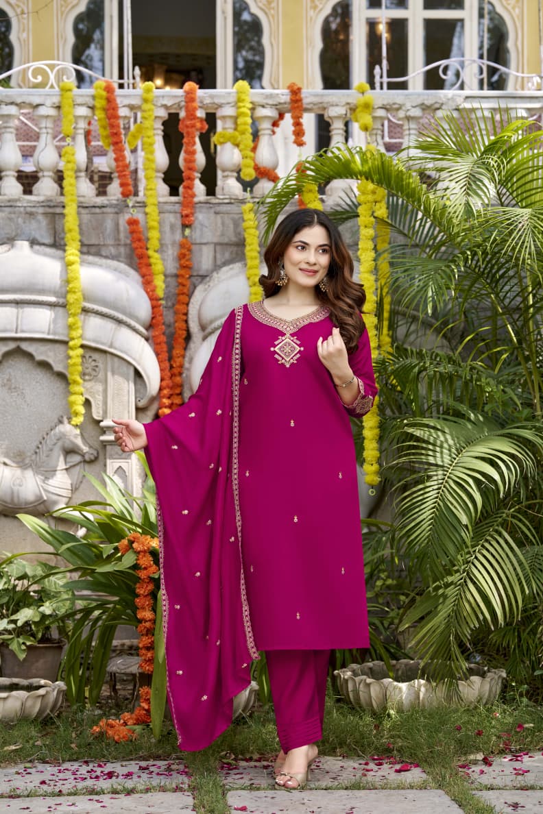 Embroidered red chanderi salwar suit for navratri
