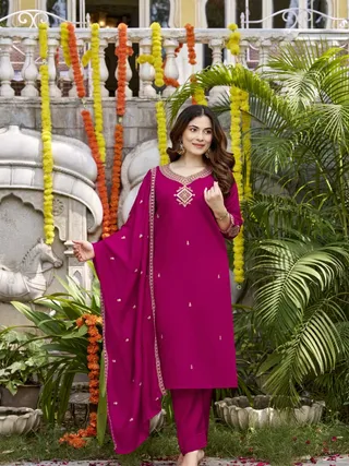 Magenta Viscose Chanderi Kurta Set with Embroidered Dupatta