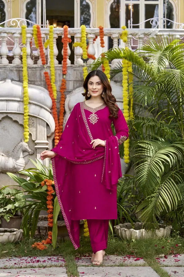 Magenta Viscose Chanderi Kurta Set with Embroidered Dupatta