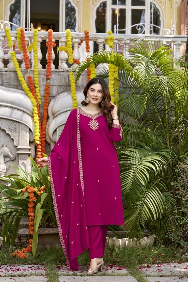 Magenta Viscose Chanderi Kurta Set with Embroidered Dupatta