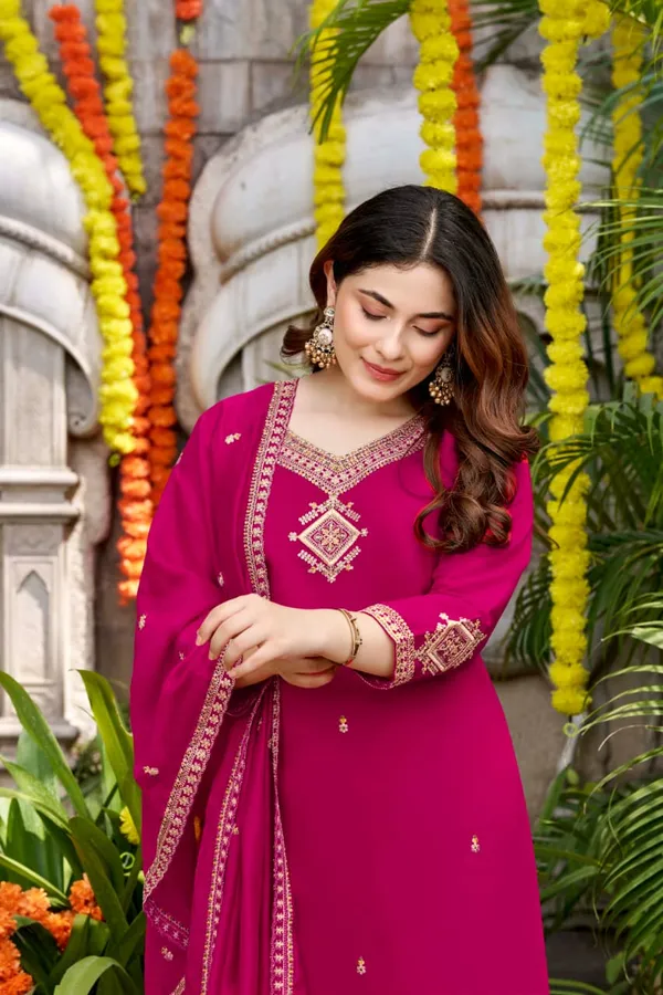 Magenta Viscose Chanderi Kurta Set with Embroidered Dupatta