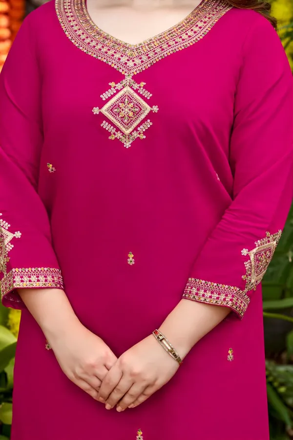 Magenta Viscose Chanderi Kurta Set with Embroidered Dupatta