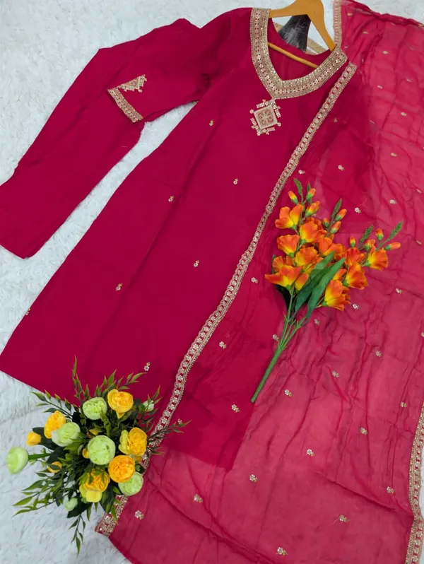 Magenta Viscose Chanderi Kurta Set with Embroidered Dupatta