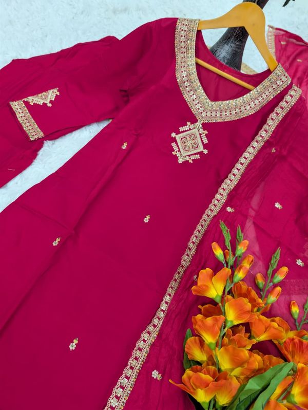 Magenta Viscose Chanderi Kurta Set with Embroidered Dupatta
