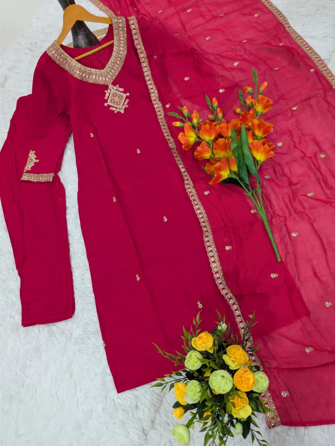 Magenta Viscose Chanderi Kurta Set with Embroidered Dupatta