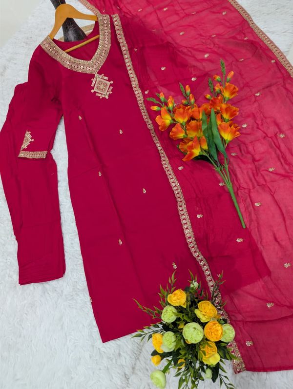 Magenta Viscose Chanderi Kurta Set with Embroidered Dupatta