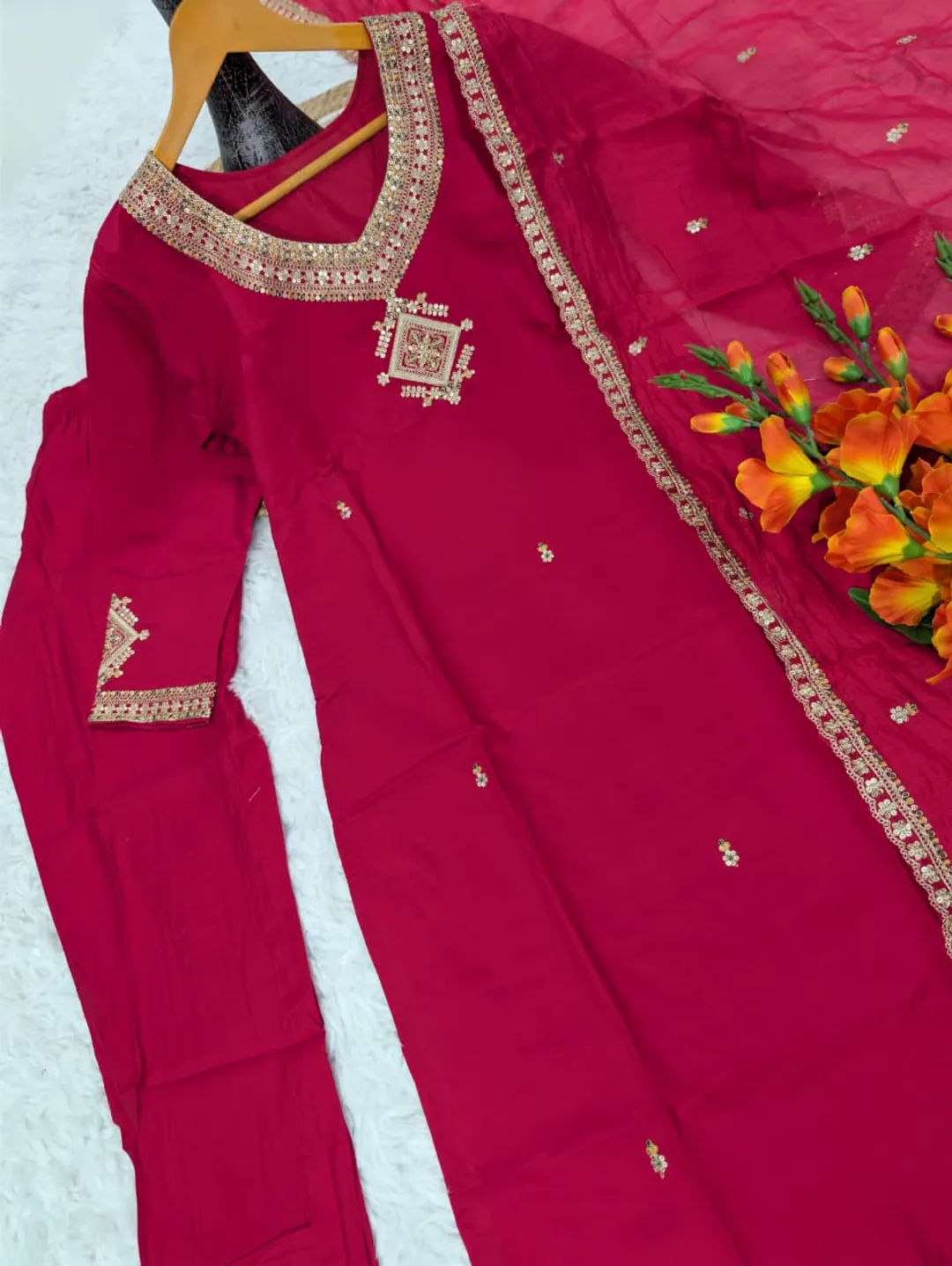 Magenta Viscose Chanderi Kurta Set with Embroidered Dupatta