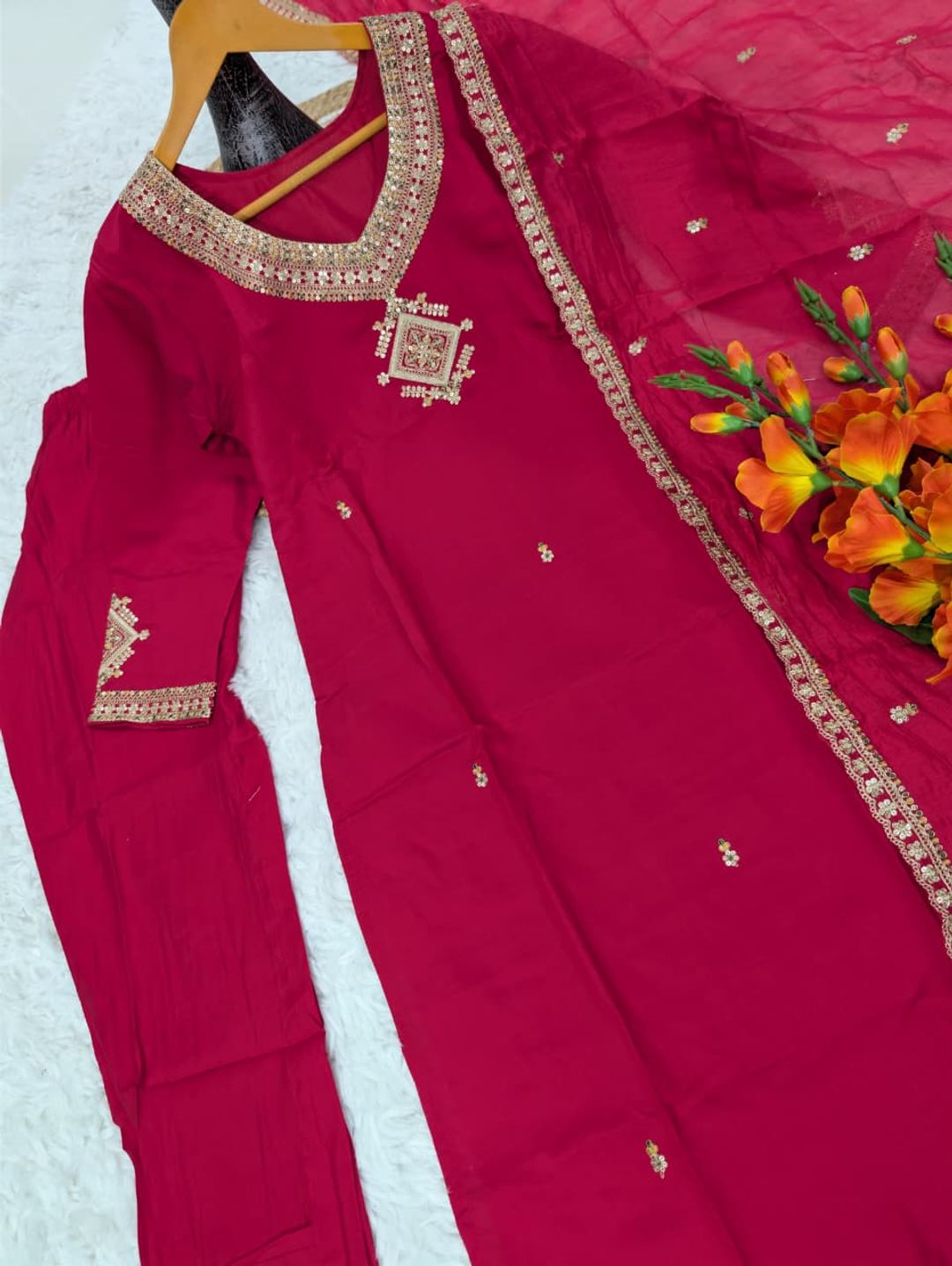 Magenta Viscose Chanderi Kurta Set with Embroidered Dupatta