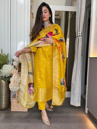 Mustard Yellow Jacquard Kurta Set with Embroidery & Dupatta