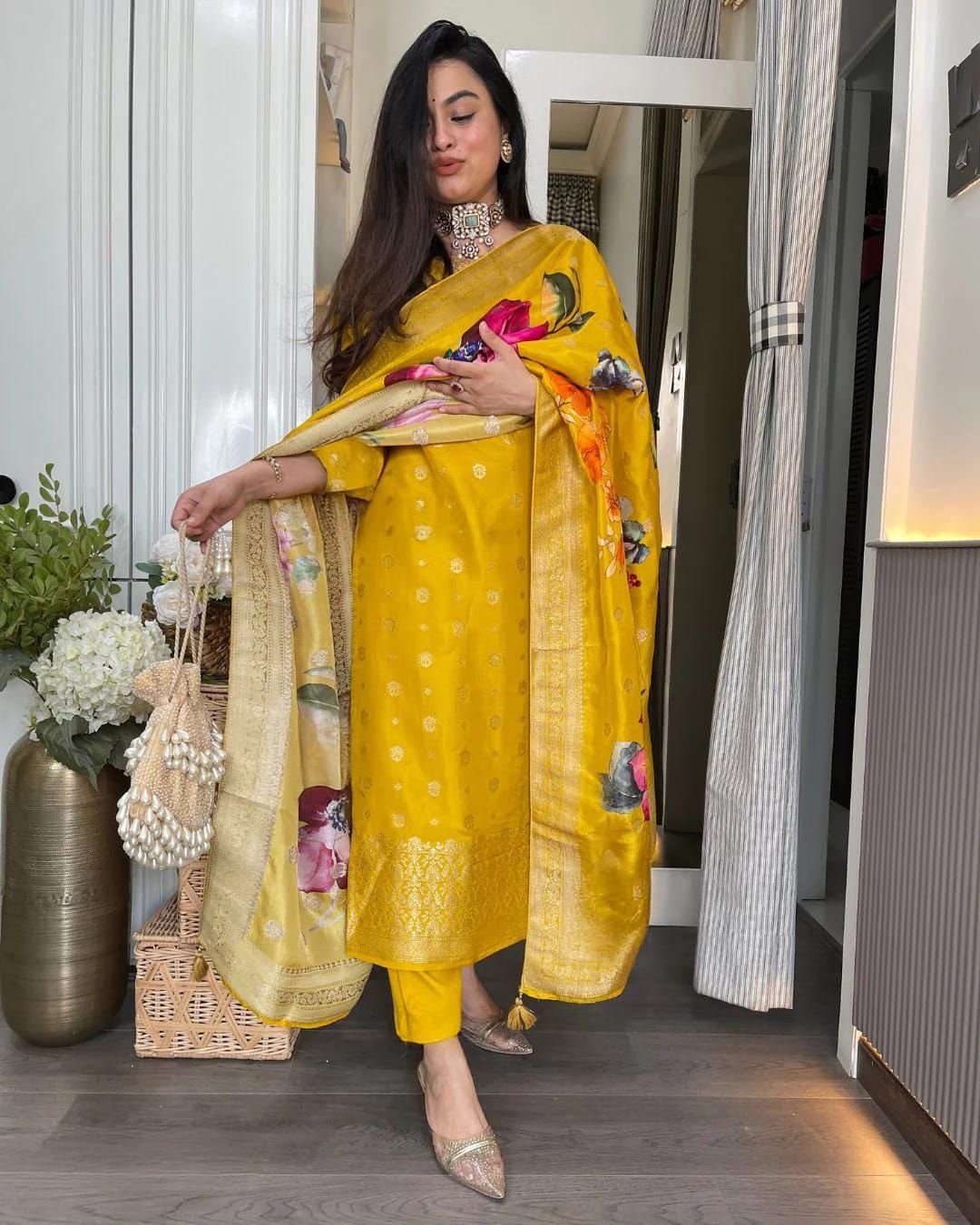 Mustard Yellow Jacquard Kurta Set with Embroidery & Dupatta