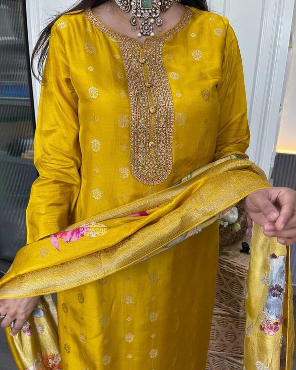 Mustard Yellow Jacquard Kurta Set with Embroidery & Dupatta