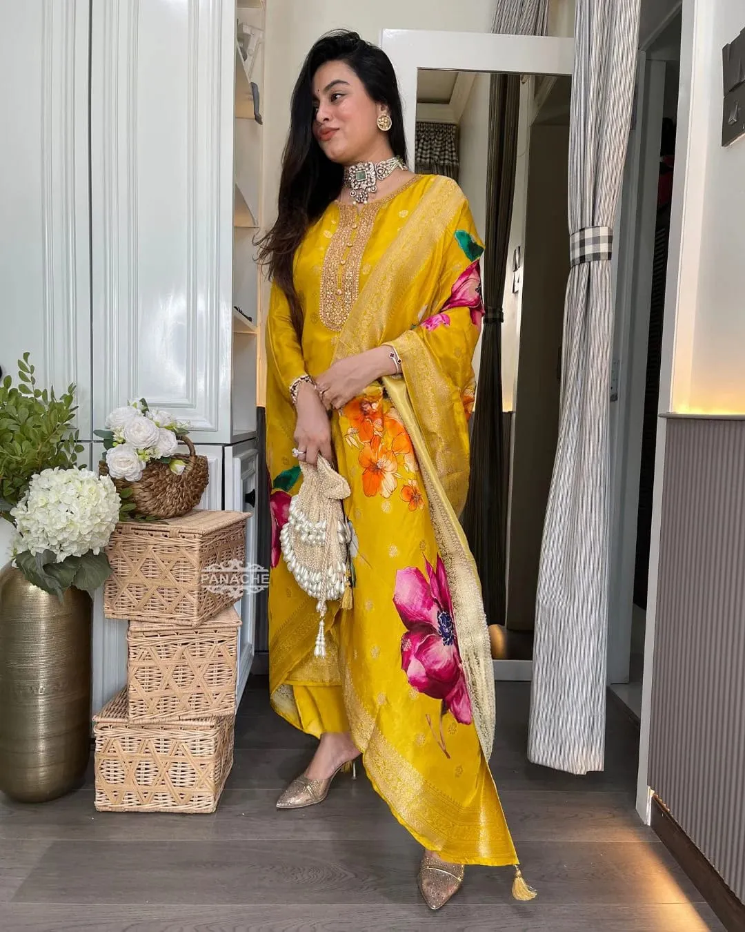 Mustard Yellow Jacquard Kurta Set with Embroidery & Dupatta