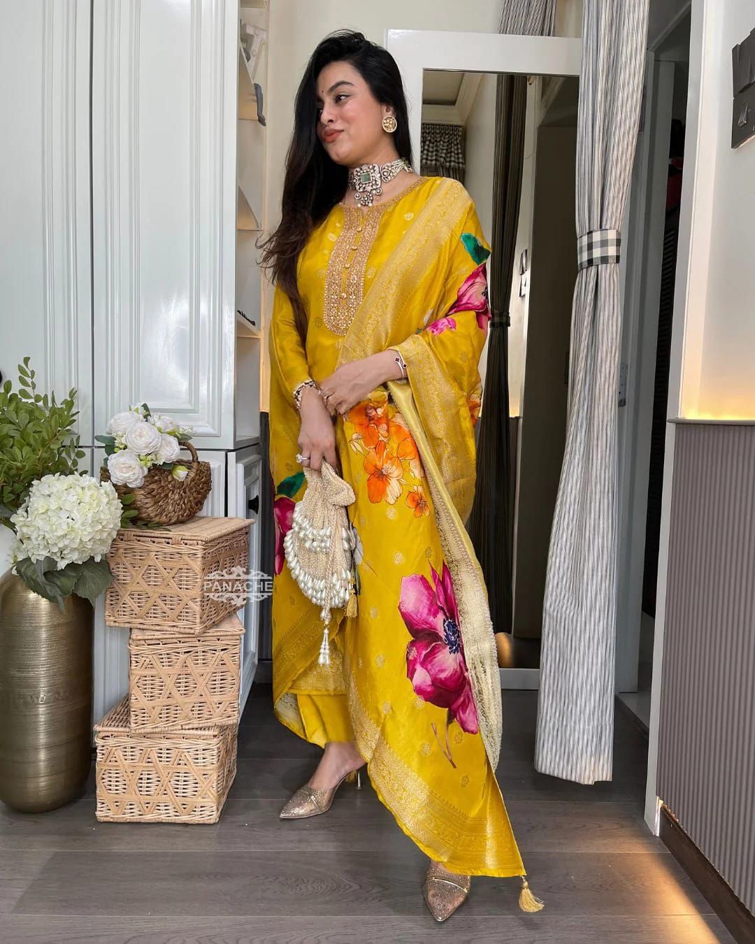 Mustard Yellow Jacquard Kurta Set with Embroidery & Dupatta