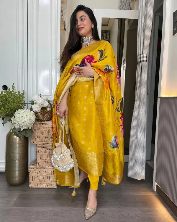 Mustard Yellow Jacquard Kurta Set with Embroidery & Dupatta