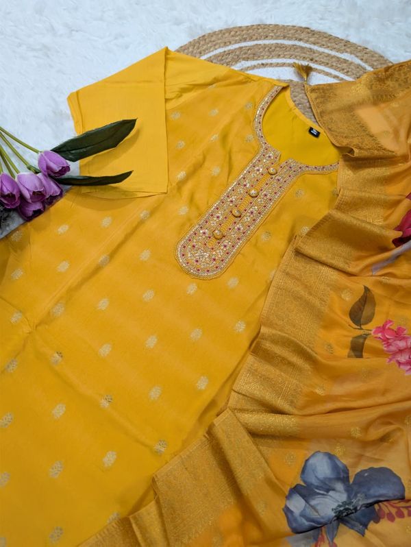 Mustard Yellow Jacquard Kurta Set with Embroidery & Dupatta